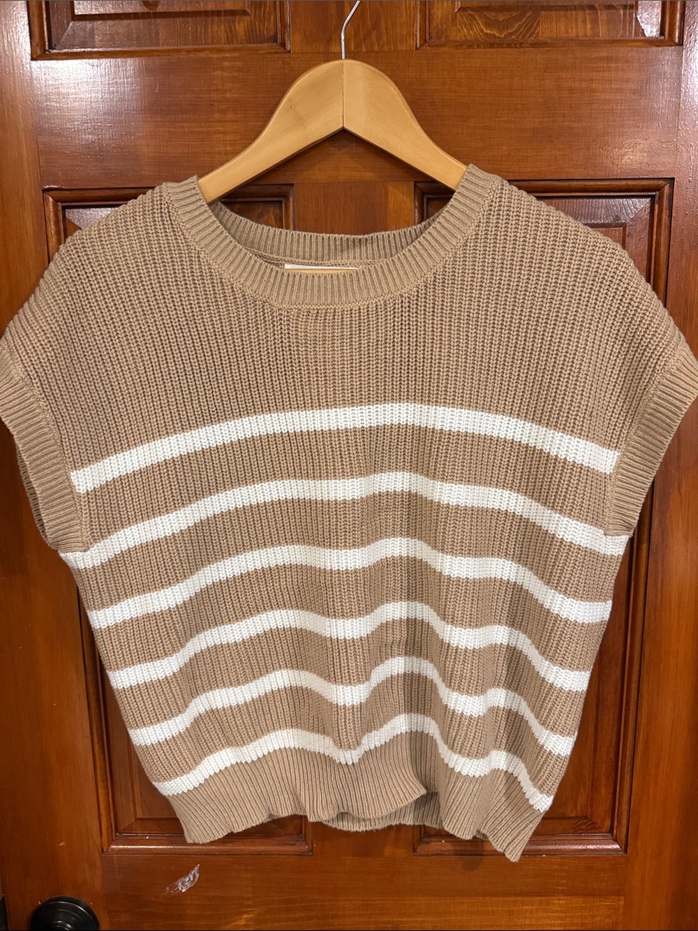 moon & madison Tan and White Striped Knit Sweater Vest